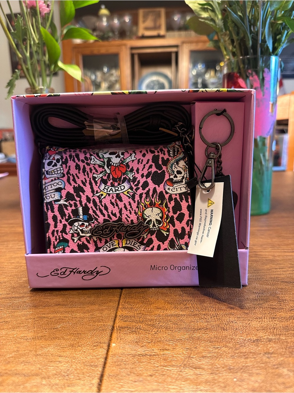 Ed Hardy Pink Leopard Skull Crossbody Organizer Gift Set with Key Ring Women’s
